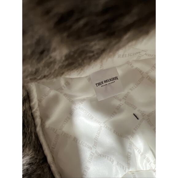 True Religion Trapper Hat Dark Blue Cotton Faux Fur Horseshoe Pockets Chin Strap - Picture 9 of 10